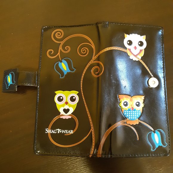 Shagwear large shiny black wallet vegan faux patent leather cute owls design - Picture 4 of 6